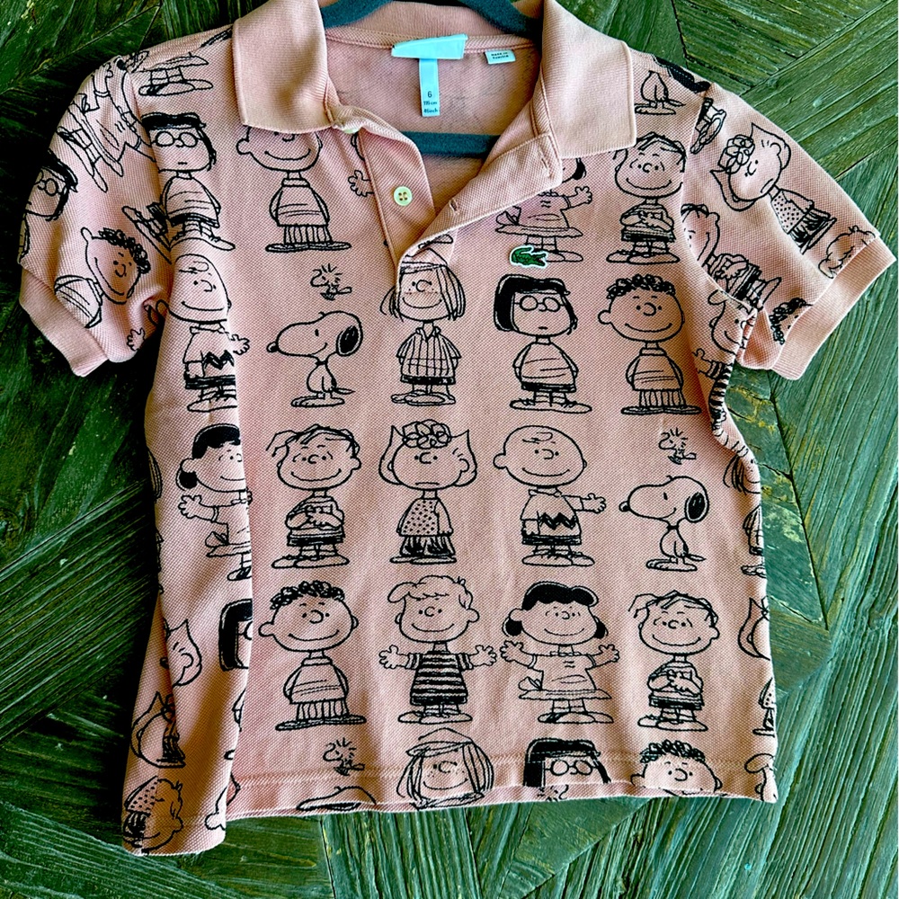 Size 6 Lacoste collab with Peanuts. Button down polo shirt. Sink salmon color.